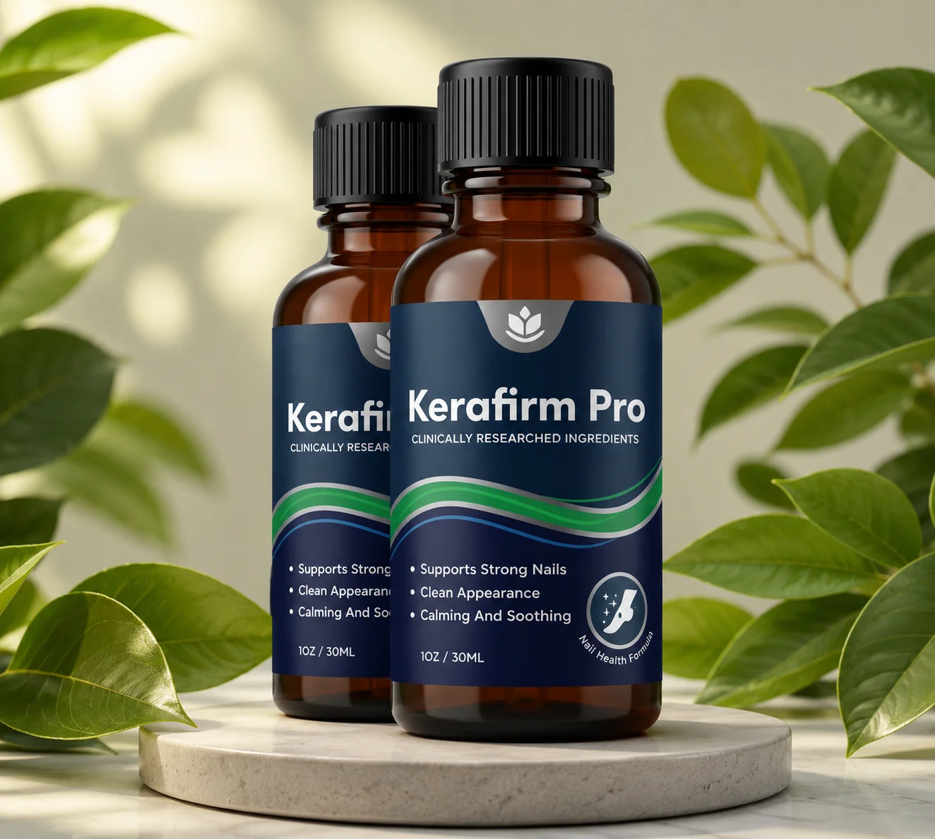 Kerafirm Pro Official Bottle on display with natural botanical leaves